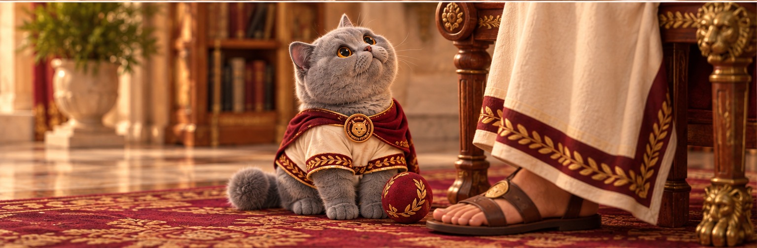 British Shorthair seduto ai piedi del padrone con una pallina